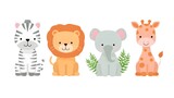 Playful illust n of a friendly collection of cartoon safari animals including a striped zebra a lion a grey elephant with leaves and a spotted giraffe ideal for children s designs