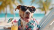 © pkproject - Adorable pitbull type dog in a colorful Hawaiian shirt and sunglasses enjoys a refreshing tropical drink while lounging on a sunny beach evoking a vacation mood