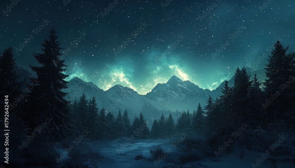 Majestic snow-covered mountains glow beneath a vibrant celestial display over a dark forest