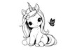 © Alloca Design Studio - a cute unicorn with a flower in its hair and a butterfly beside itanimal, bow, butterfly, girl, hair, illustration, mane, pony, tail, unicorn