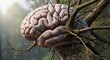 © OlgaNeuroArt - A human brain intertwined with tree branches in a forest. Conceptual image representing the connection between nature and the mind. Metaphor for growth, intelligence, and mental health