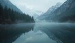© Viktor - Tranquil mountain lake reflects snowy peaks, pine forest in foggy morning. Still water mirrors serene wilderness landscape. Quiet nature scenery with mist over calm surface at dawn. Peaceful outdoor