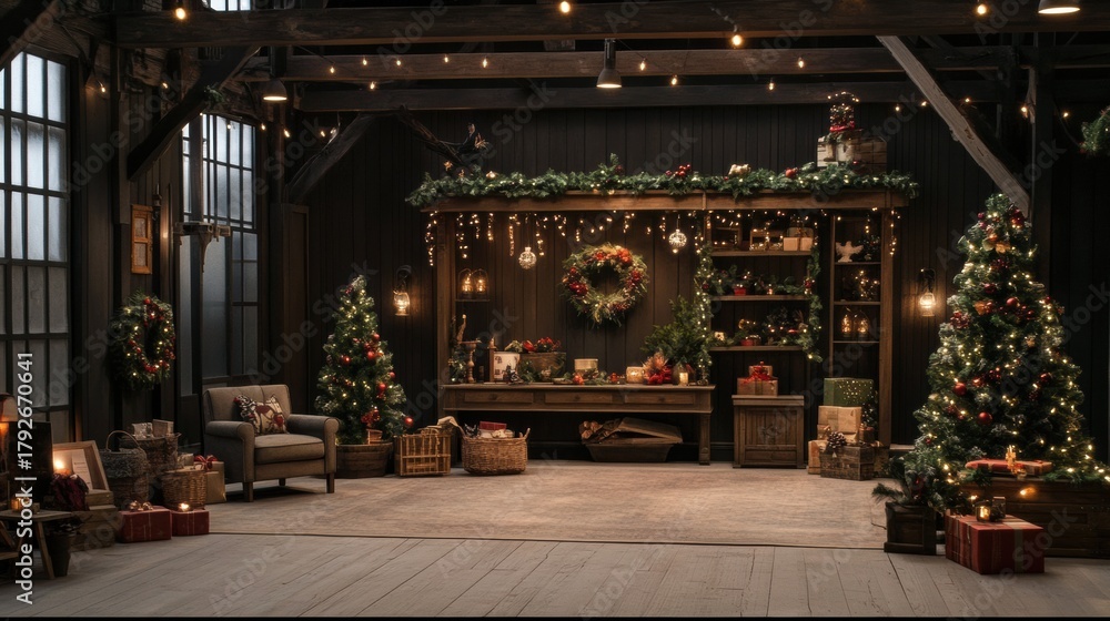 Cozy rustic living room decorated Christmas has high interior rural ...