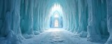 Frozen castle tunnel with icy walls. Winter wonderland palace corridor with crystal decorations. Blue ice background with magical frozen architecture. Fantasy hallway with light at end. Interior
