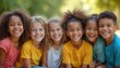 © Viktor - Diverse group of happy children smiling in bright casual attire outdoors in nature. Kids laugh together in sunlight creating joyful bond, innocence, pure fun. Childhood friendship, togetherness.