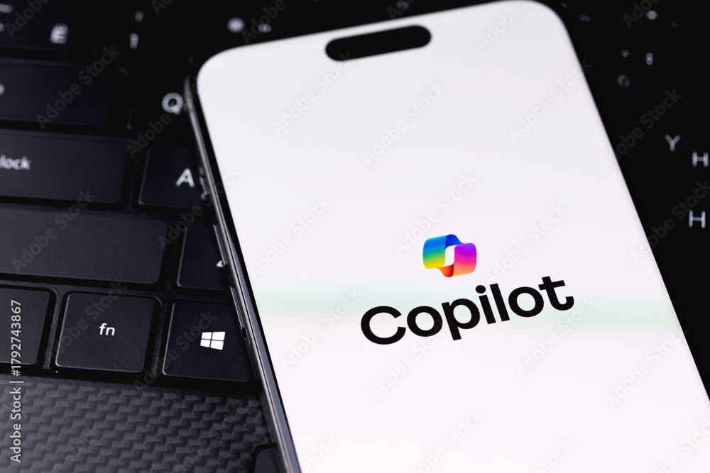 Microsoft Copilot logo mobile app on a screen smartphone iPhone