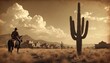 © Viktor - Sepia toned photo shows cowboy riding horse in desert. Cactus plants grow among dry grass field. Mountains and village seen far away. Retro wild west landscape under cloudy sky.