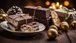 © jesus - Tableta de turrón de chocolate artesanal con avellanas envuelta en cuerda rústica, sobre plato vintage y luces bokeh navideñas