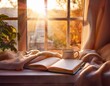 © Nathan - cozy window scene with an open notebook on a soft blanket sunlight filtering through