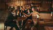 © master1305 - Retro celebration with smiling friends raising cocktails in warm vintage bar. Concept of Christmas nightlife visuals, bar marketing, fashion lifestyle, and premium retro event content.