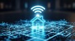 © RaNy - A glowing house icon with a Wi-Fi symbol on a digital grid background.