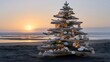 © forenna - A coastal driftwood Christmas tree adorned with seashells, linen ribbons, and soft lights stands against a serene sunset beach, offering a calm, bohemian alternative to traditional decor. It