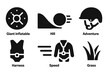 © Александр Михайлюк - Zorbing Adventure Icons. Solid style icons of Zorbing: Giant Inflatable Ball, Hill, Momentum, Adventure, Safety Helmet, Harness,