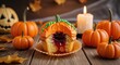 © RaNy - A pumpkin-shaped cupcake with a filling of red jam, surrounded by small pumpkins and lit candles on a wooden table with autumn leaves.