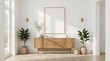 © Murtaza - nordic hallway interior with empty frame mockup above wooden console, minimalist scandinavian entryway decor with warm neutral tones