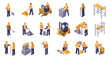 © khafid - Isometric construction workers and building equipment icons on white background illustrating various tasks and industrial tools used in architecture