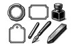 © 123levit - Vintage engraving set with labels, inkwell, pen, and wax seal elements