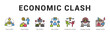 © Mia - Economic Clash Modern and clean web banner illustration featuring thematic icons for visual communication