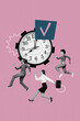 © deagreez - Image 3d artwork collage of happy business partners girls guy run deadline clock checkmark approval deal punctuality development