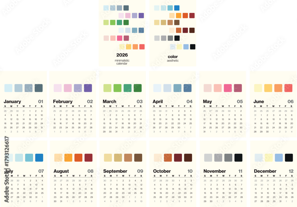 calendar for 2026 in a minimalist style with thematic color palettes ...
