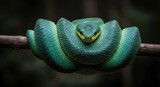 A coiled green viper snake rests on a branch in the jungle.