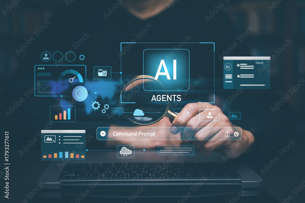 AI Agents Command Interface with Futuristic Holographic Dashboard ...