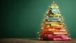 © Johannes - colorful books creatively stacked to form a christmas tree adorned with lights set against a green backdrop