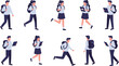 ©  creative rabbi - Cartoon students in school uniform, walking and running, flat vector illustration, cad drawing, educational theme, diverse children, learning, backpack, interaction