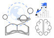 © robu_s - Open book, planet with orbiting circles, human collaboration climbing blocks, and creative brain outline. Ideal for education, teamwork, learning, science innovation leadership inspiration. Simple