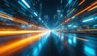 © miss irine - Futuristic city street at night with light trails from vehicles. Tall buildings with glowing windows create a sense of speed and advanced technology. Abstract motion blur effect.