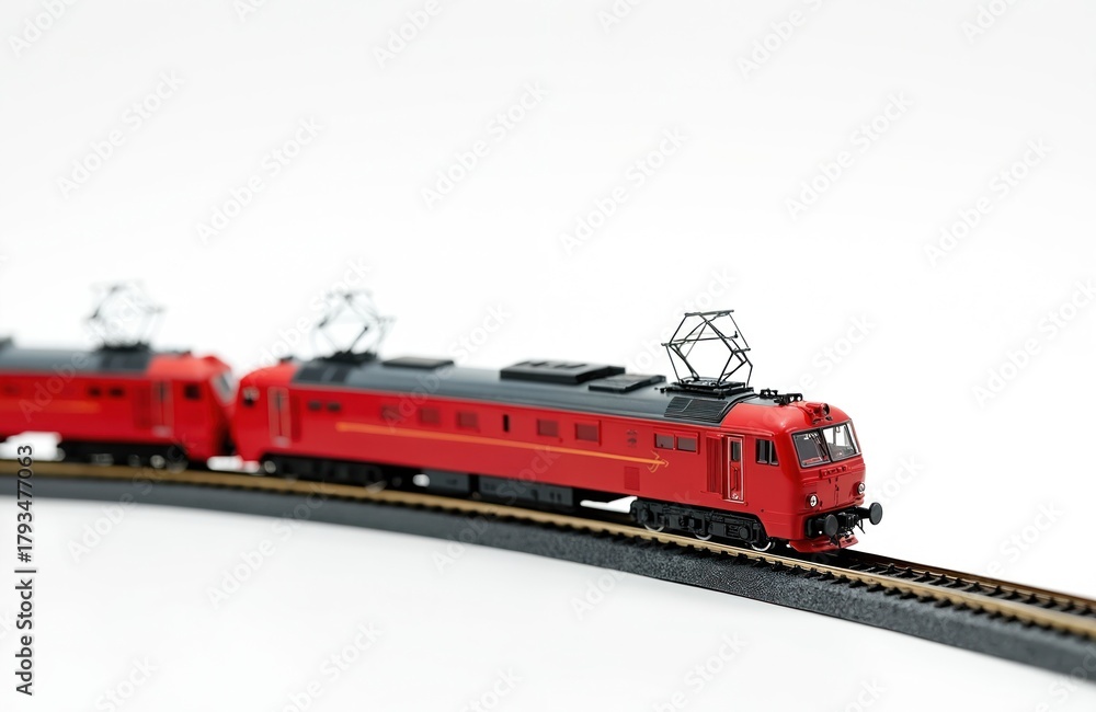 Train Model Red Red model trains run on tracks isolated on white. Miniature electric ...
