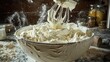 © VALENTYNA - Cream whipping peaks hand mixer beaters lifting freshly whipped stiff formations dramatic flour particles flying kitchen workspace culinary action motion