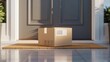 © Ada - Cardboard Box with Shipping Label on Doorstep. single cardboard shipping package sitting on a clean front door. Represents online shopping, delivery, arrival, and e-commerce