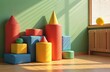 © miss irine - Colorful soft geometric shapes in bright children gym for early physical education, play. Edu toys for kids therapy, rehab. Sun rays cast shadows on green wall, wood floor. Empty kindergarten