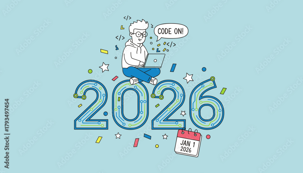 Happy New Year 2026 tech illustration Developer coding on circuit board ...