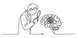 © Creative_Outline2019 - Continuous line drawing of a person using a magnifying glass to examine a complex and tangled human brain, symbolizing deep thought and mental health analysis. Vector