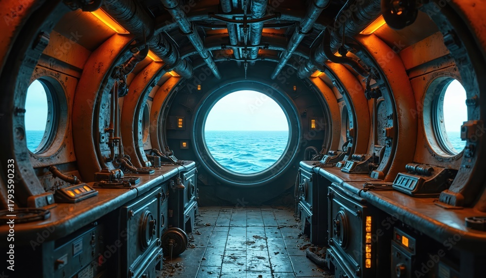 Interior of old submarine with ocean view. Control panels and buttons ...
