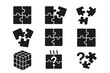 © Olha - Unsolved Puzzle Icons. Solid style icons of Unsolved puzzles: missing corner, incomplete board, scattered pieces, falling puzzle,