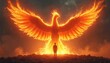 © miss irine - Phoenix rises from ashes. Person watching reborn bird. Concept of rebirth, transformation, hope. Rising after failure. Overcoming adversity. Man looking at mythical creature. Strength, freedom
