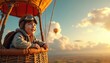 © miss irine - Little boy with aviator goggles rides hot air balloon above ground. Child looks forward with curiosity, excitement during ballooning adventure. Another airballon floating in sky on background.
