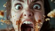 © nina blez - Close-up of a face with a frantic scream and crumbs of food. White adult woman, extreme macro, flying pieces, horizontal frame.