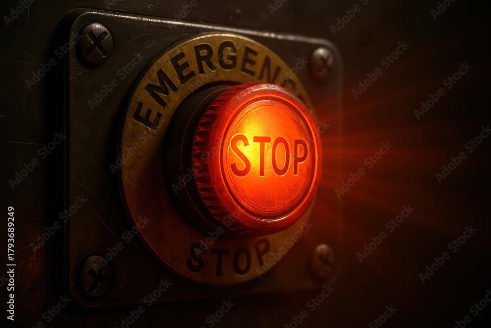 Glowing red emergency stop button with metal frame and screws ...