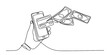 © Digital Illustration - Continuous line drawing of a hand holding a mobile phone with a credit card and money bills flying out, depicting online banking and financial technology concepts. Vector
