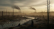 © Haixlxy - Desolate landscape with factory smokestacks polluting sky, stark trees, and dry cracked earth.