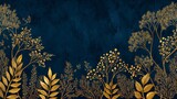 Ornate golden foliage grows against a deeply textured dark blue background emphasizing natural elegance.