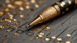 © Niwat - Elegant gold pen on wooden surface with golden confetti accents