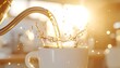 © MRSUTIN - Coffee pouring from a kettle into a white mug, captured mid-splash with dramatic backlight and golden sun flare.
