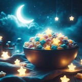 A bowl of shooting star cereal, glowing under moonlight
