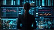 © flow art 7 - A person analyzes data on multiple screens filled with graphs and charts, showcasing a high-tech environment focused on financial trends.