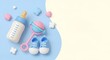 © ulinnuha - Cute Baby Shower Essentials Flat Lay with Bottle Rattle and Shoes.